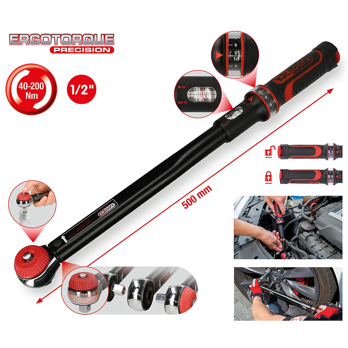 Schwarzer Drehmomentschlüssel mit rotem Griff, zeigt Details, Messwerte, und Anwendungen. Inklusive Texten wie '40-200 Nm' und 'Ergotorque'.